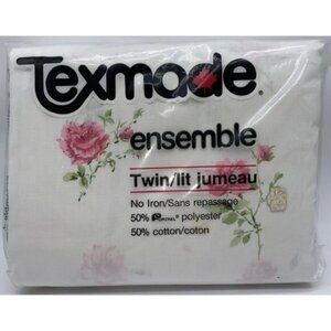 Texmade Twin Size Sheet Set Pink Rose Floral No Iron Vintage Canada Made 1980s